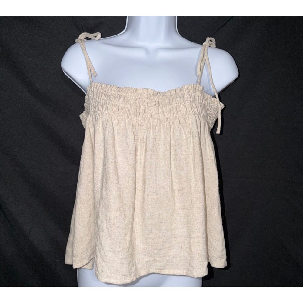 Mi Ami Women XL Beige Smocked Linen Blend Tie Strap Camisole Top TYDW3509FIMK